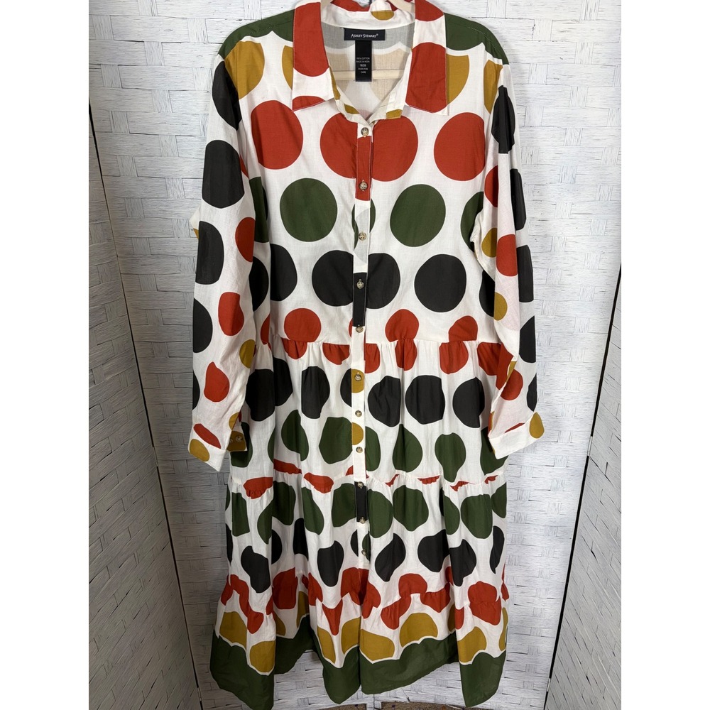 Ashley Stewart Womens Dress Maxi Polka Dot Cotton Tiered Shirt Dress Plus Size